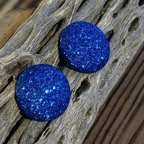Retro 80s Club Glam Disco Sparkly Cobalt Blue Fabric Button Earrings - Picture 10 of 10